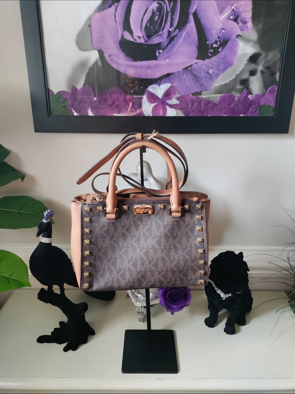 Michael Kors Brown Logo Satchel with Tan Handles and Gold Studs - Picture 1 of 7